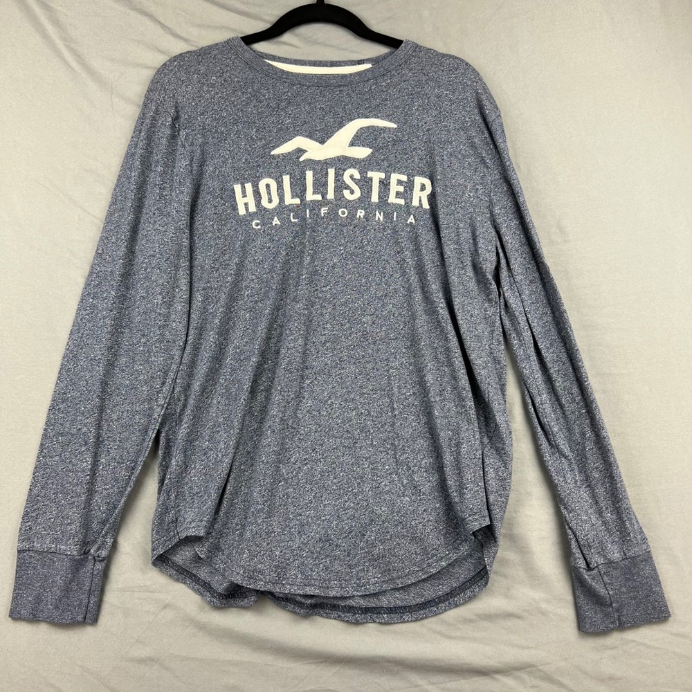 Hollister Long Sleeve T-Shirt Mens Medium Blue Heathered Logo Graphic Good